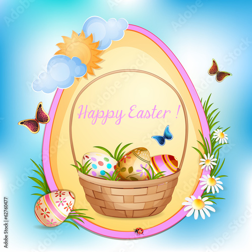 Illustration of basket full of colorful decorated Easter eggs .