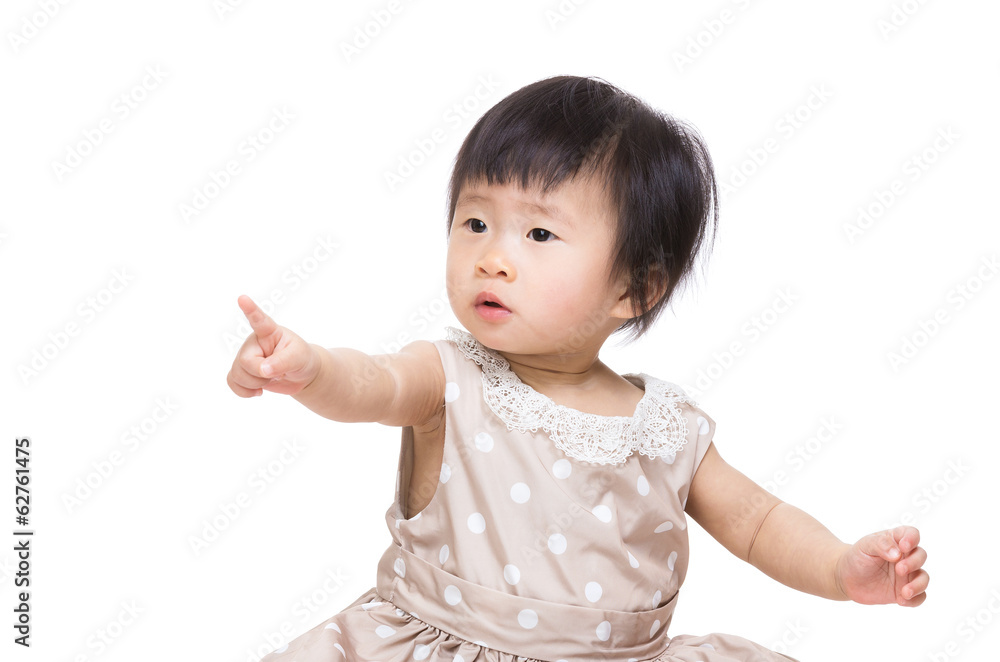 Asia baby girl sitting and finger pointing front Asia baby girl sitting and finger pointing front
