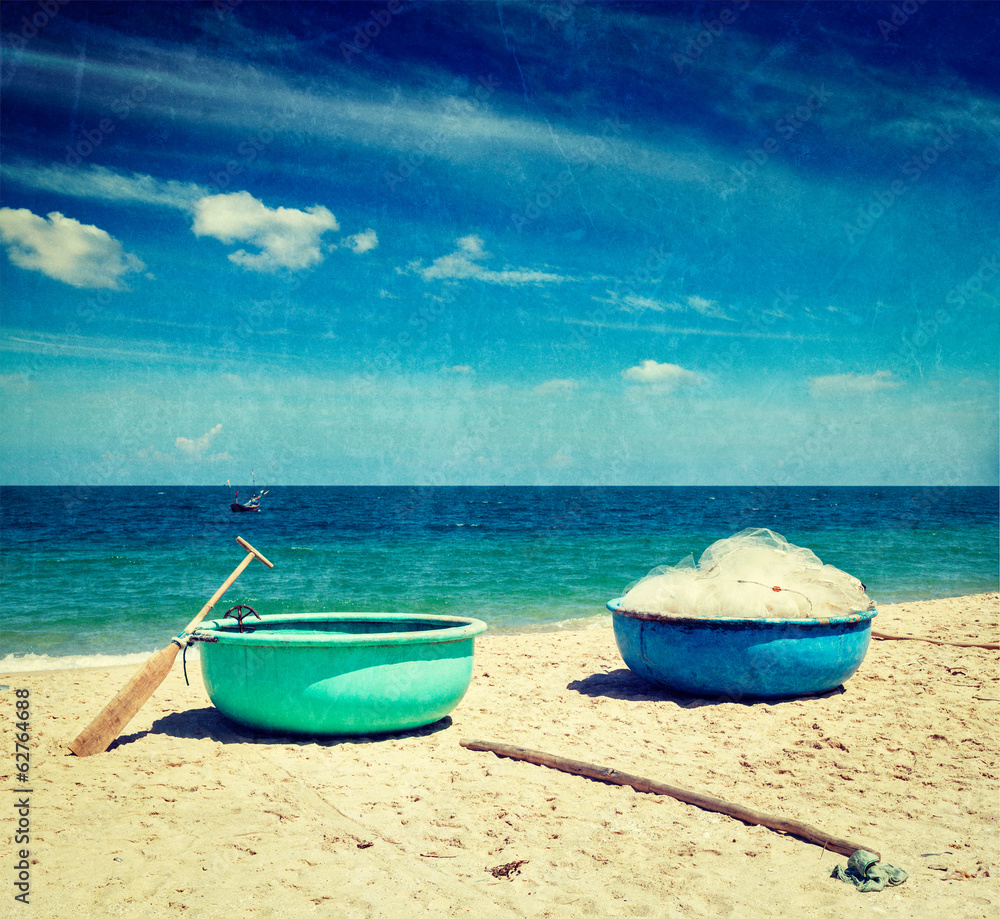 Naklejka premium Fishing boats on beach. Mui Ne, Vietnam