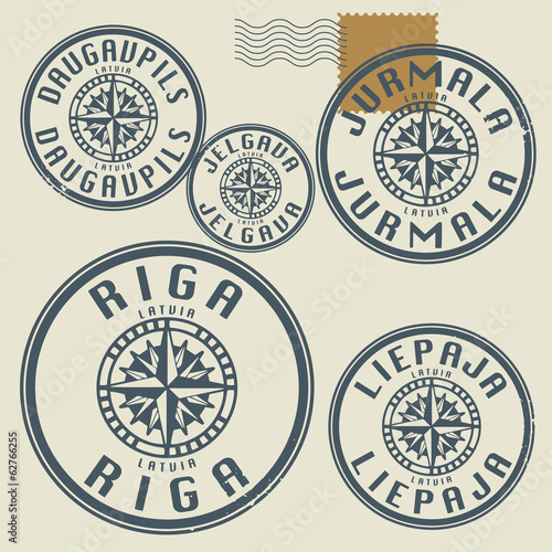 Grunge rubber stamp set with names of Latvia cities