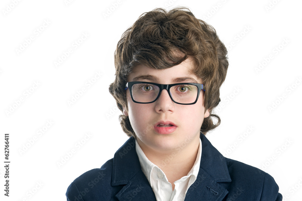 Serious nerd with glasses over white background..