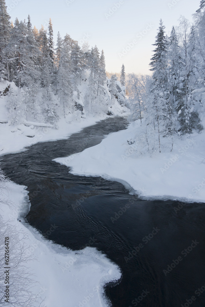 River in snowy forest at winter