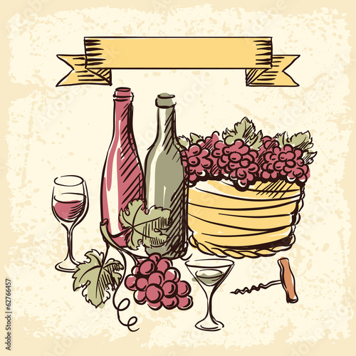 Wine vintage hand drawn illustration.