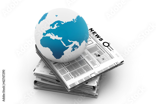 Stack of newspaper with globe