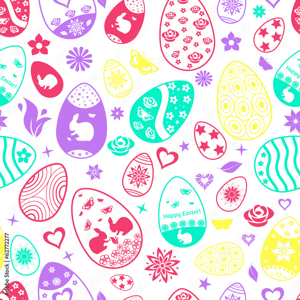 Seamless pattern of Easter eggs, multicolored on white