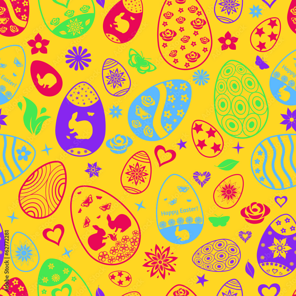Seamless pattern of Easter eggs, multicolored on yellow Seamless pattern of Easter eggs, multicolored on yellow