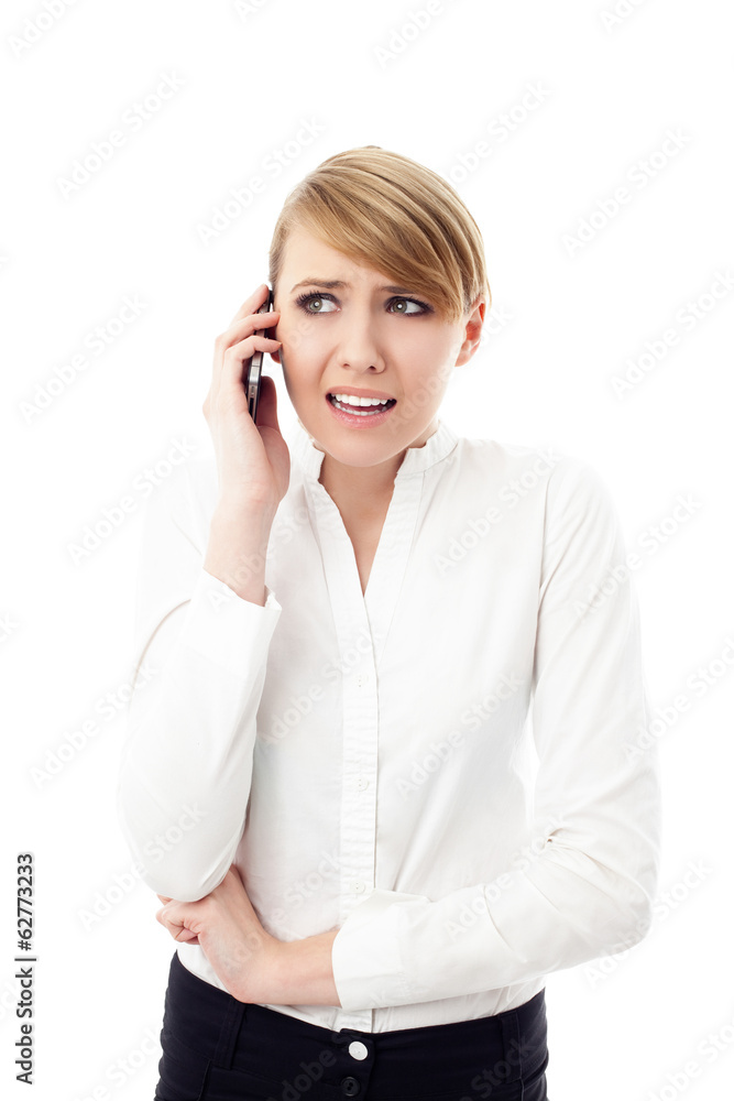 frightened businesswoman talking on phone frightened businesswoman talking on phone