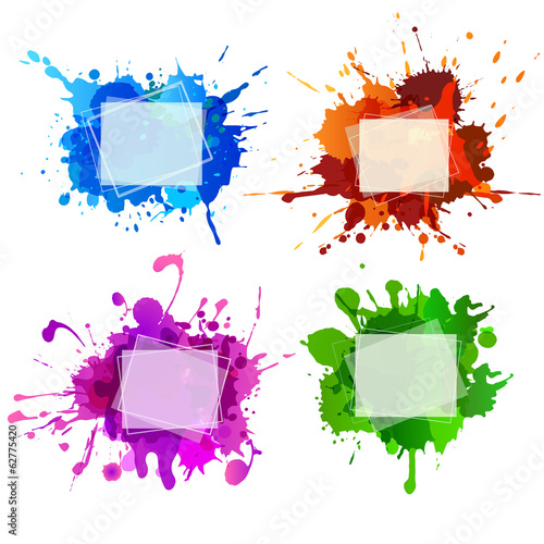 Set of colorful frames with ink splashes. Isolated on white back