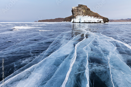 Baikal Lake. Blue ice with cracks near the Olkhon island