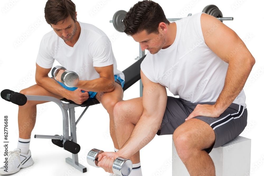 Two fit young men exercising with dumbbells Two fit young men exercising with dumbbells