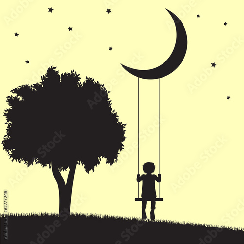 Child on moon swings and tree silhouettes