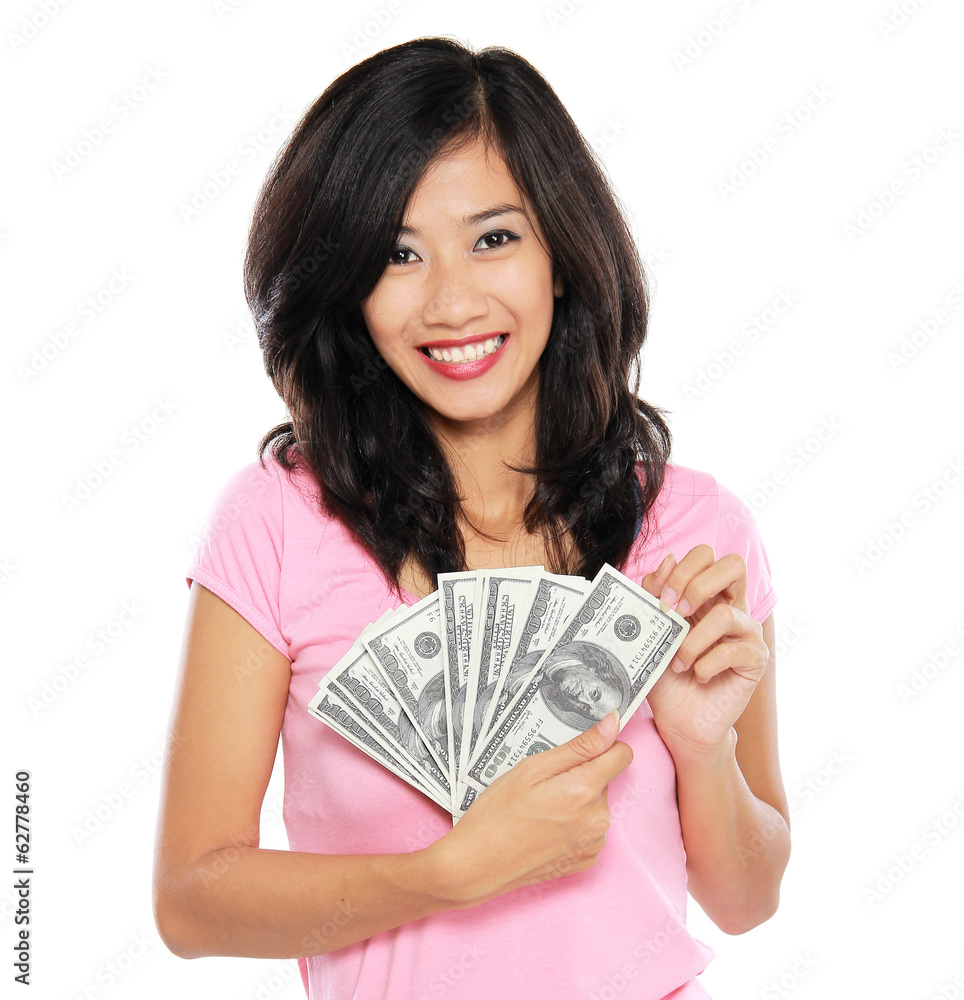 woman showing money isolated on white background woman showing money isolated on white background