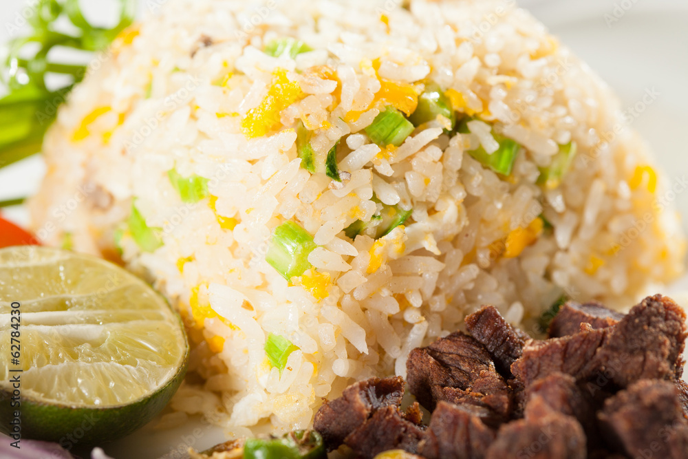 thai rice, Thai style fried rice with beef herb spices and lime thai rice, Thai style fried rice with beef herb spices and lime