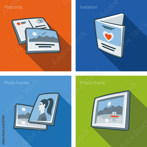 Printouts icon set of postcard, invitation, pictures