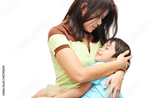 Mother holding son in arm kid happy face