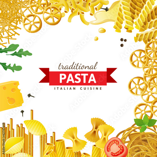 Different pasta types, tomatoes, mint and spices over white back