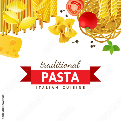 Different pasta types, tomatoes, mint and spices over white back