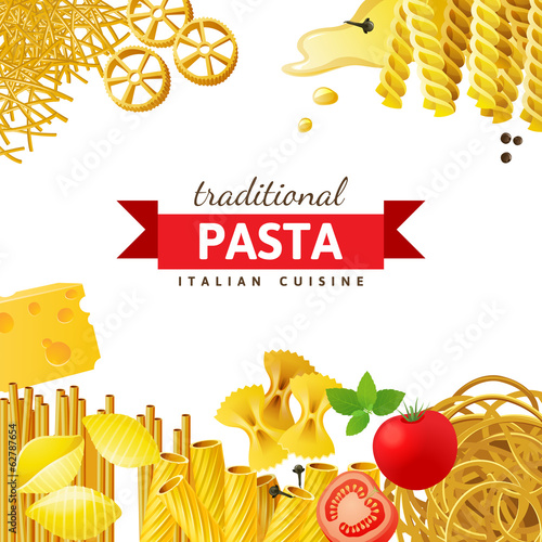 Different pasta types, tomatoes, mint and spices over white back