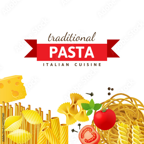Different pasta types, tomatoes, mint and spices over white back