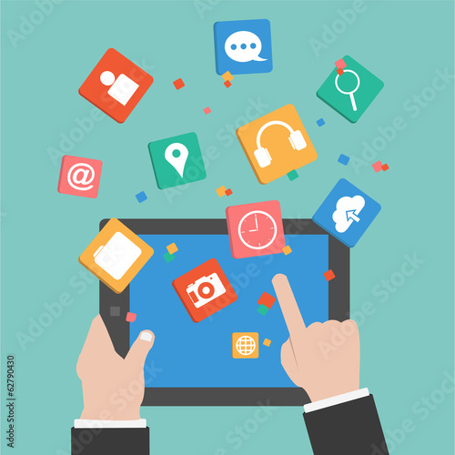 Vector Hands touching a tablet with Social Marketing icon