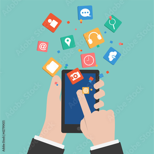Vector Hands touching a Smart phone with Social Marketing icon