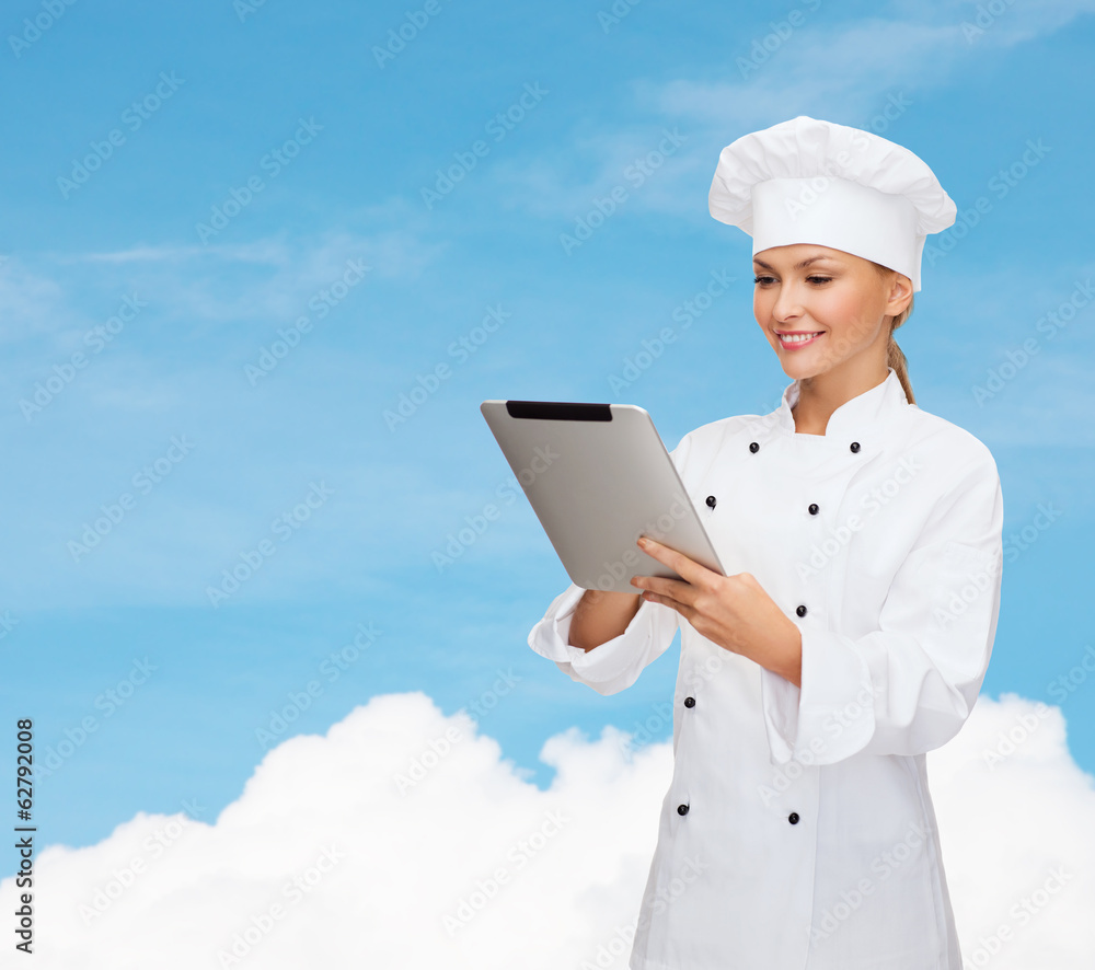 smiling female chef with tablet pc computer smiling female chef with tablet pc computer