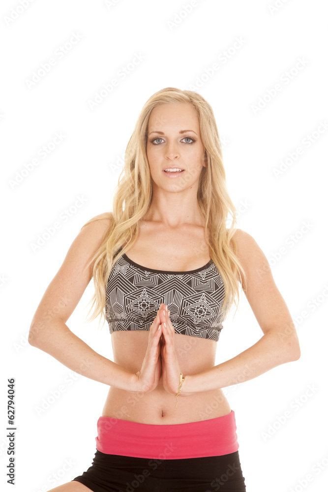 woman fitness pink black shorts prayer close woman fitness pink black shorts prayer close