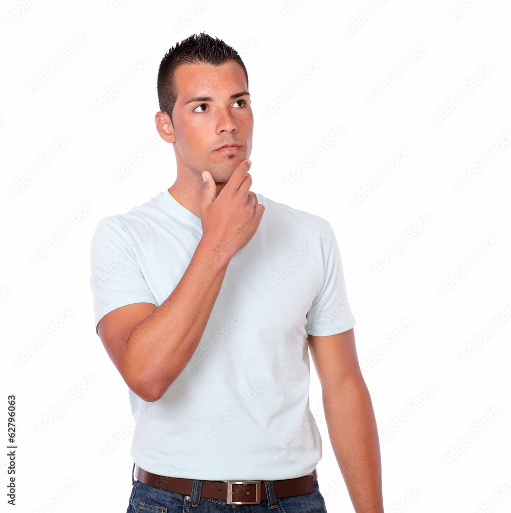 Pensive handsome guy looking at people Pensive handsome guy looking at people