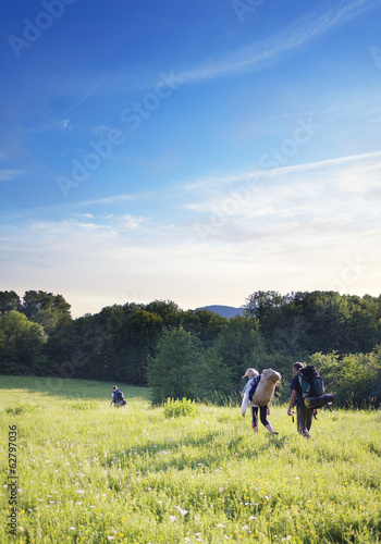 group of tourists walking on a footpath across the field