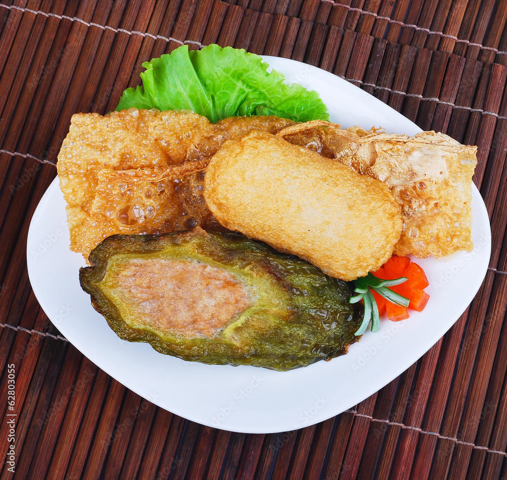 Yong Tau Fu. delicious Asian cuisine of fish paste stuffed Yong Tau Fu. delicious Asian cuisine of fish paste stuffed