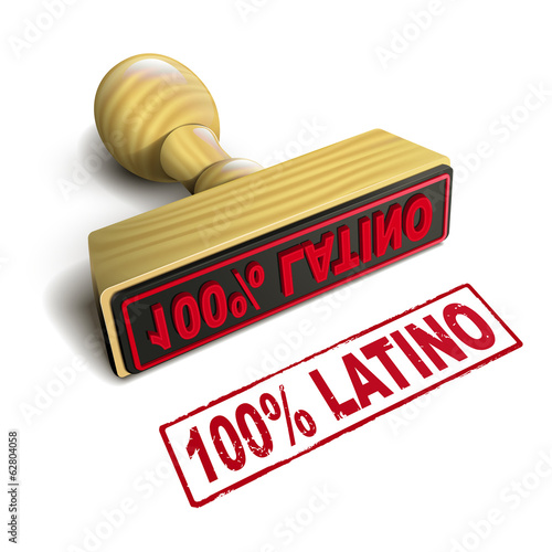 stamp 100% latino with red text on white
