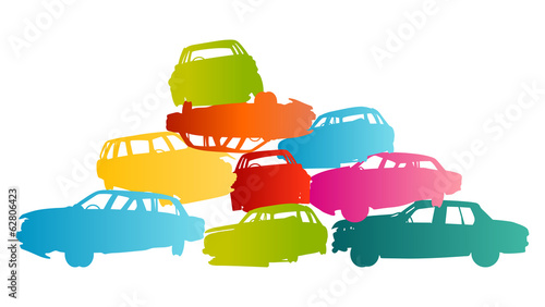 Iron scrap car junkyard vector background landscape concept
