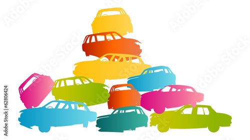 Iron scrap car junkyard vector background landscape concept