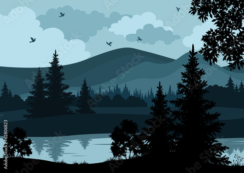 Landscape, trees, river and mountains