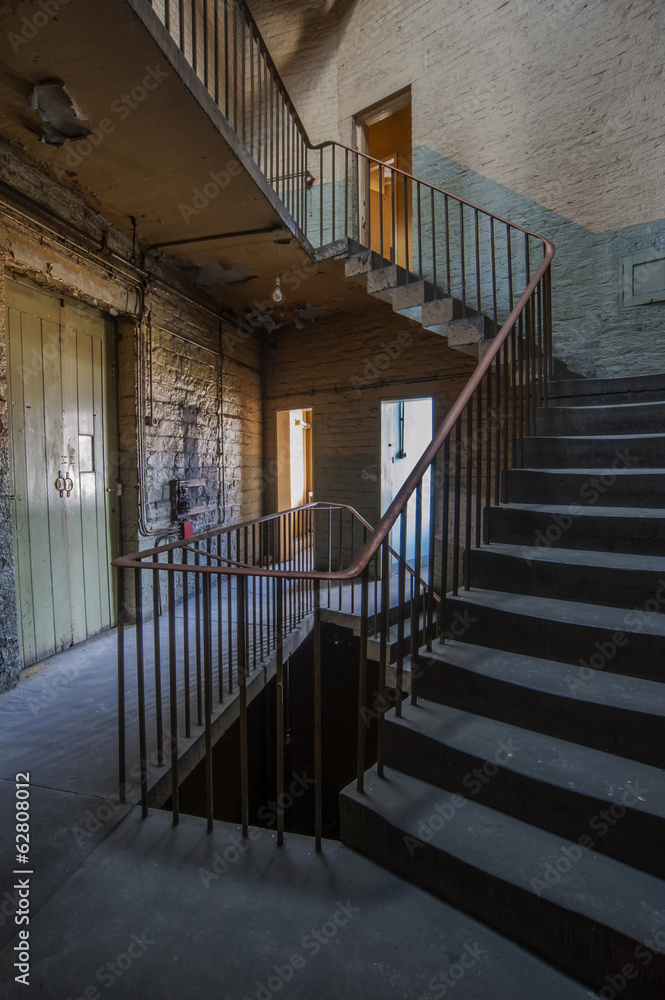 stairway in an abandoned textile mill