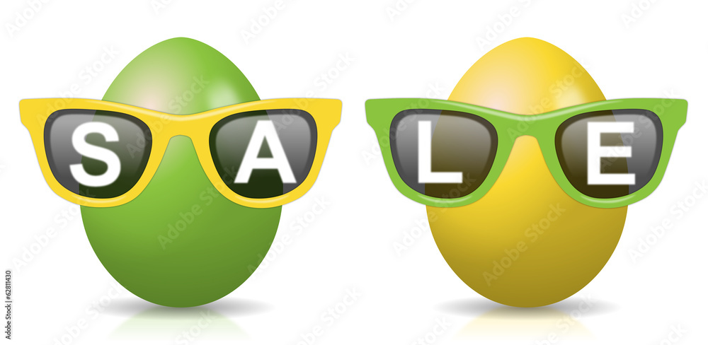 Fototapeta premium 2 gelb-grüne Ostereier mit Sonnenbrillen mit Schriftzug