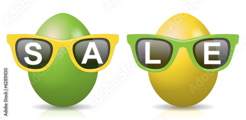 2 gelb-grüne Ostereier mit Sonnenbrillen mit Schriftzug "SALE"