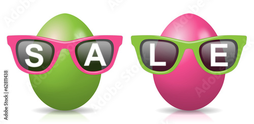 2 pink-grüne Ostereier mit Sonnenbrillen und Schriftzug "SALE"