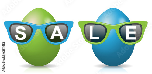 2 grün-blaue Ostereier mit Sonnenbrillen und Schriftzug "SALE"