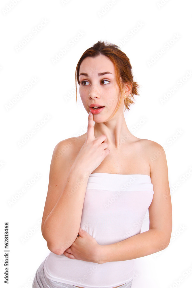 portrait of attractive teenage girl thinking