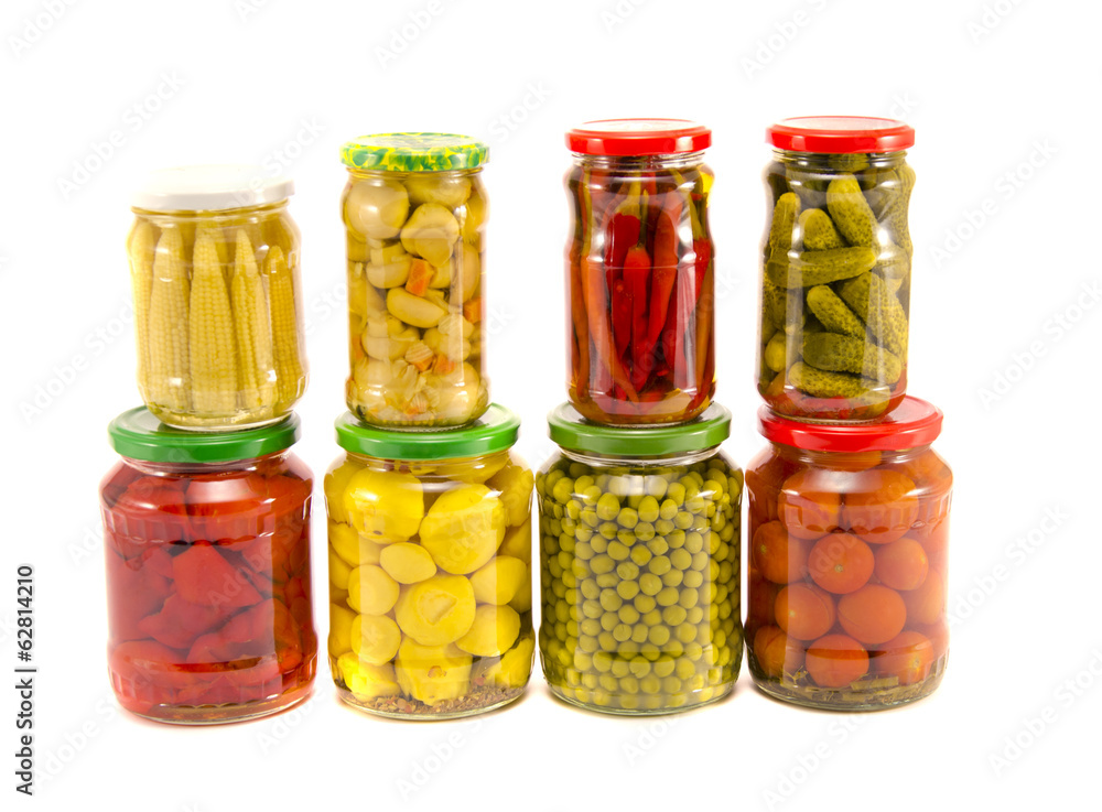 collection canned vegetables in glass jars on white collection canned vegetables in glass jars on white