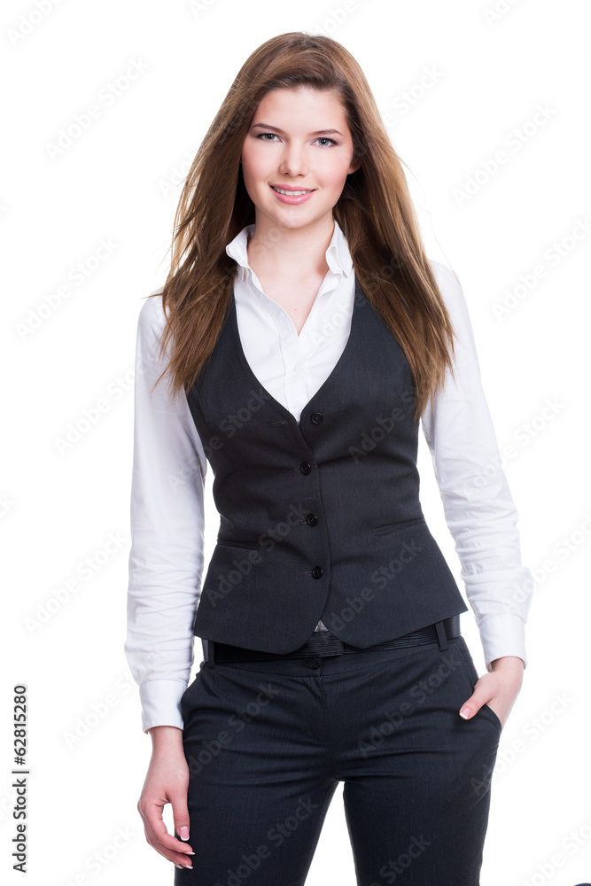 Young businesswoman with hand in pocket. Young businesswoman with hand in pocket.