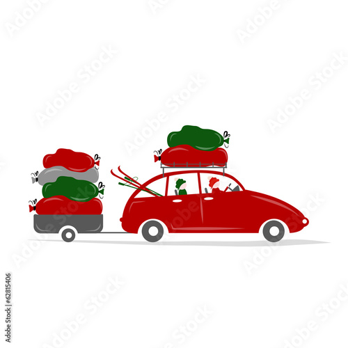Family moved in red car with luggage
