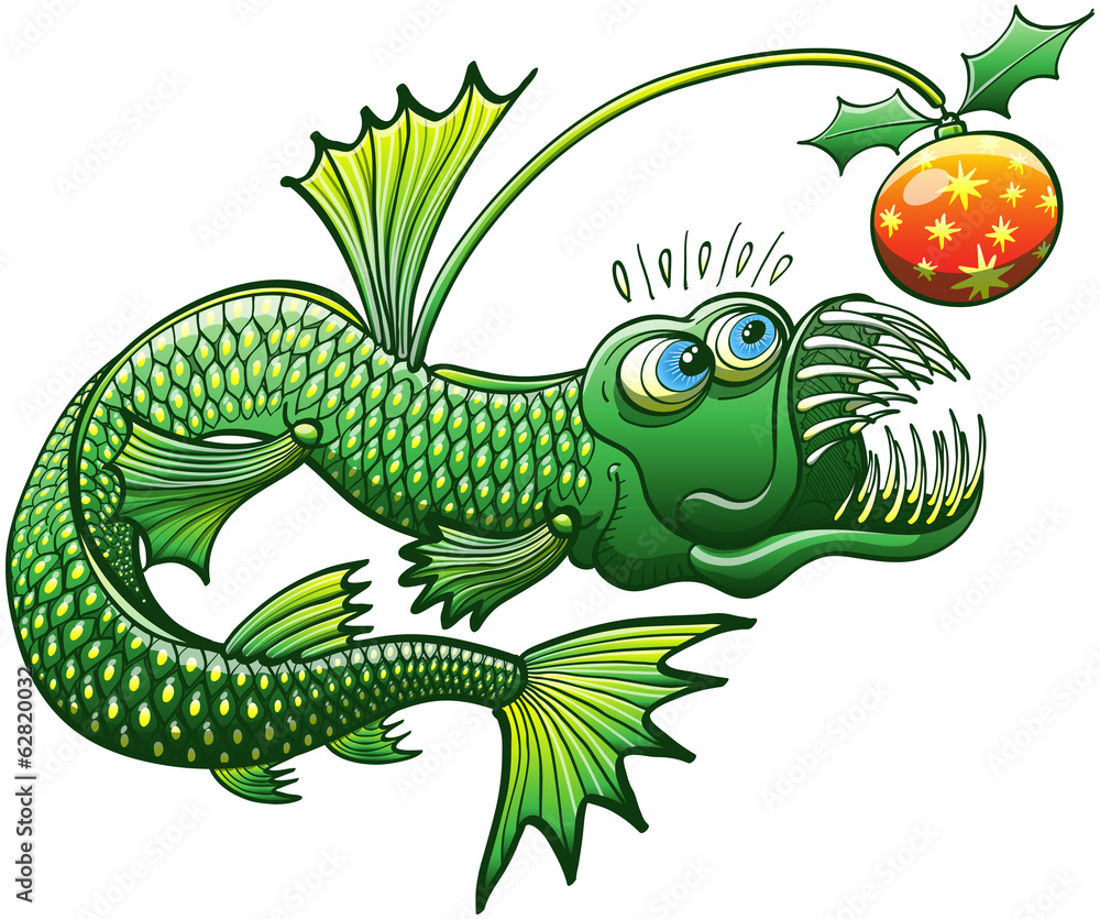 Obraz premium Green angler fish carrying a Christmas decoration