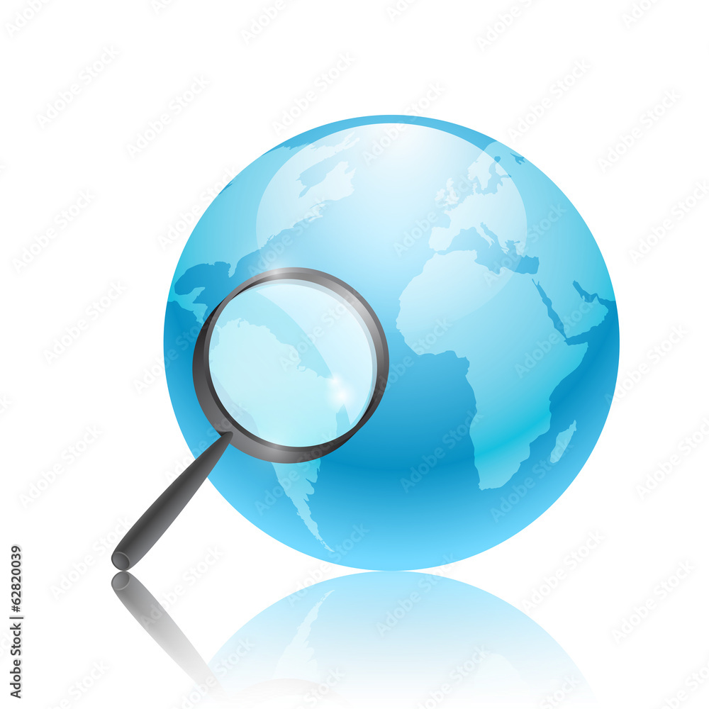 Earth with magnifying lens on a white background Earth with magnifying lens on a white background