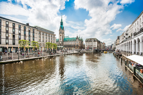 Hamburg city center with town hall and Alster river, Germany