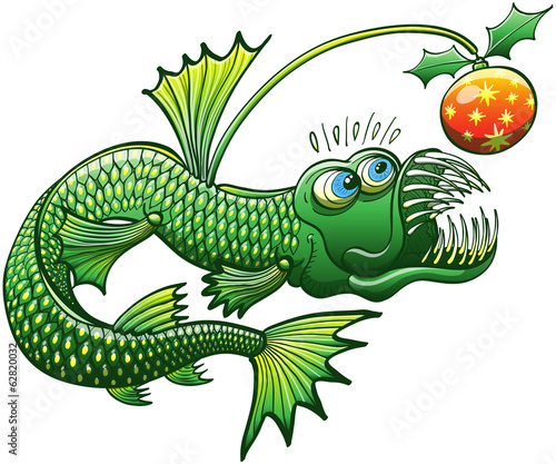Green angler fish carrying a Christmas decoration