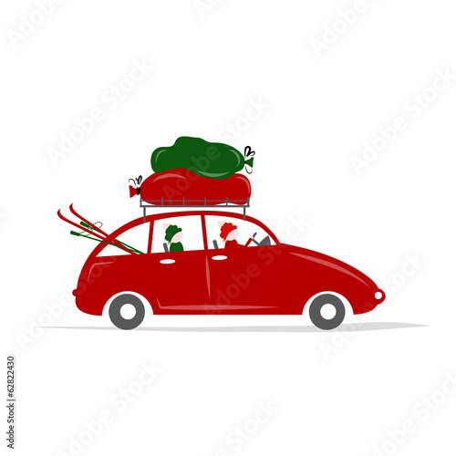 Family traveling by red car with luggage
