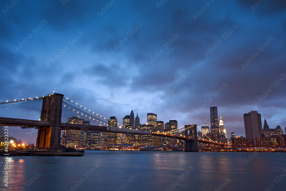 View of Brooklyn Bridge in New York City  at night