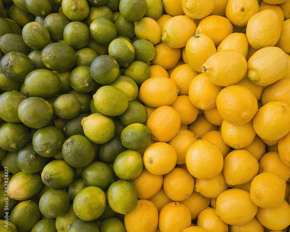 Lemons and limes, citrus fruits, divided into two piles, contrasting in colour. Lemons and limes, citrus fruits, divided into two piles, contrasting in colour.